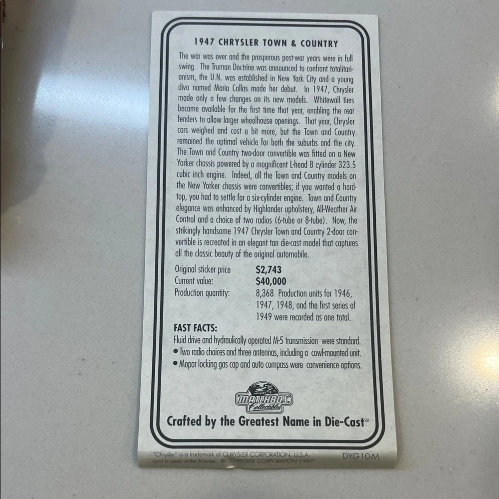 Matchbox Collectibles 1947 Chrysler Cream and Brown Die-Cast Convertible DINKY